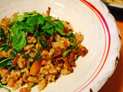 【ガッツリ食べよう！】クレソンと牛肉の炒飯